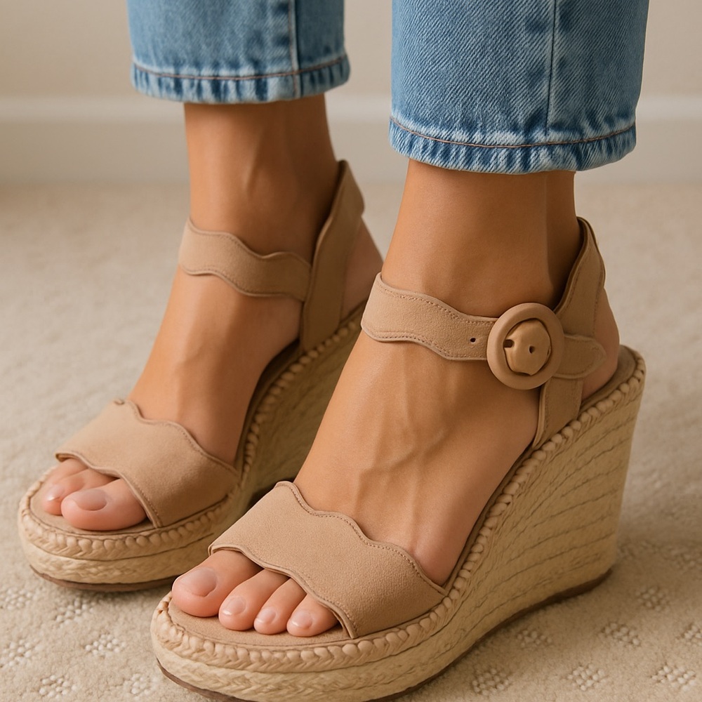 Marc Fisher Scalloped Espadrille Wedge Sandals | Nude Suede | Size 10